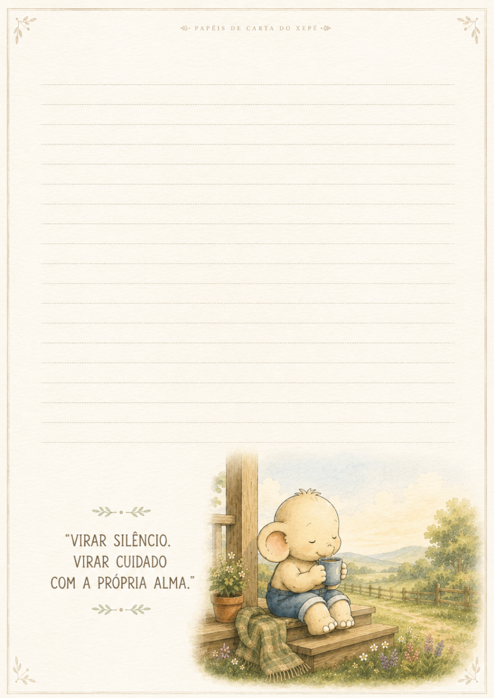 Papel de carta com a frase Virar silêncio. Virar cuidado com a própria alma