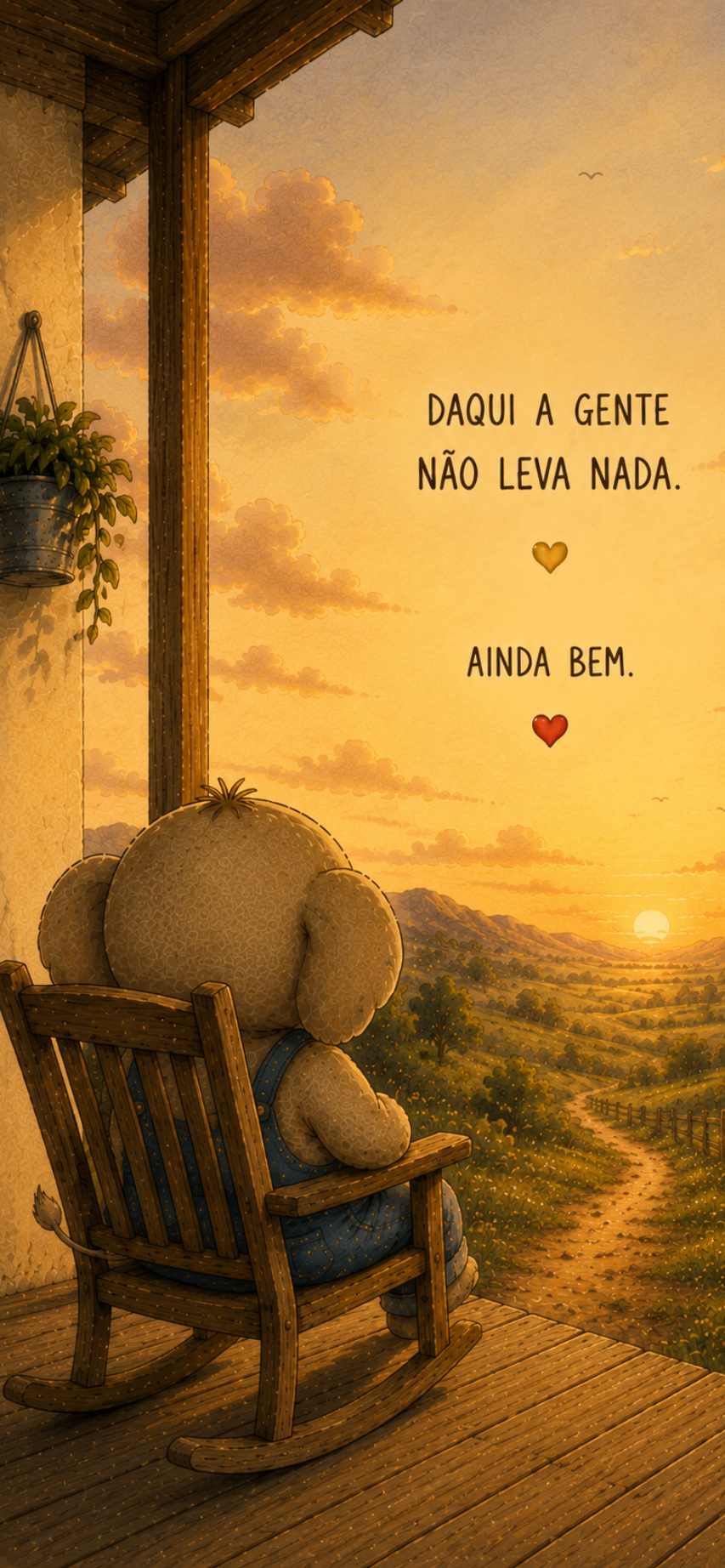 Wallpaper com o Xepé na cadeira de balanço olhando o pôr do sol e a frase Daqui a gente não leva nada. Ainda bem.