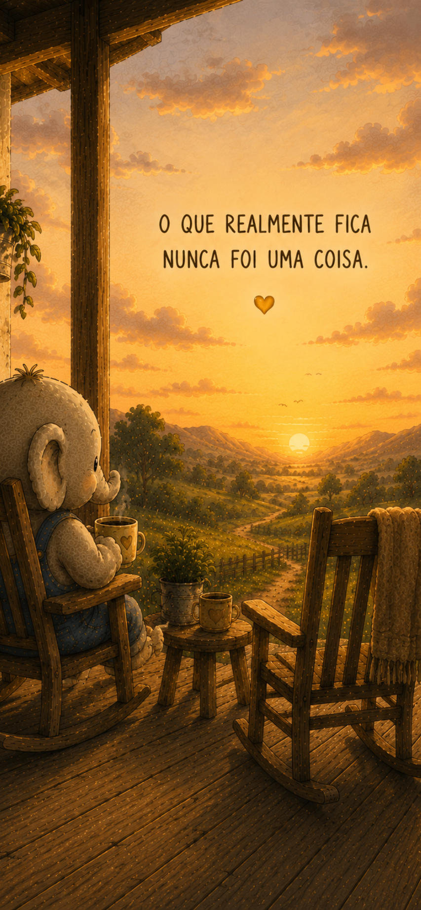 Wallpaper com o Xepé na varanda ao pôr do sol e a frase O que realmente fica nunca foi uma coisa.