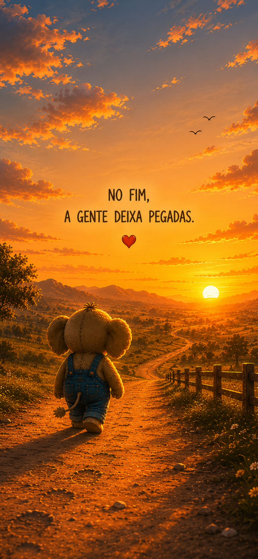 Wallpaper com o Xepé caminhando por uma estradinha ao pôr do sol e a frase No fim, a gente deixa pegadas.